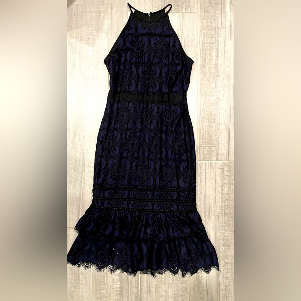Women’s Banana Republic Holiday Dress. Eggplant with black lace overlay.